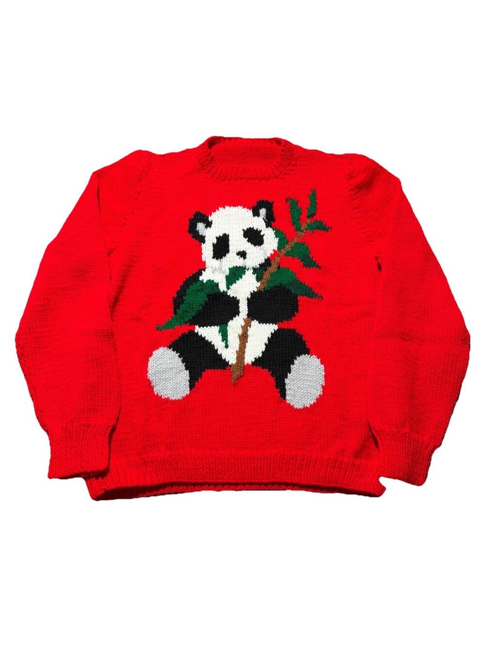 Vintage Handknit Panda Bear Sweater Red Handmade Grandma Core Size Large